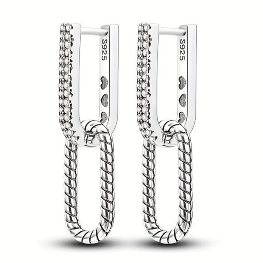 Women’s Sterling Silver U-Shaped Double Ring Snake Pattern Drop Earrings - NWT